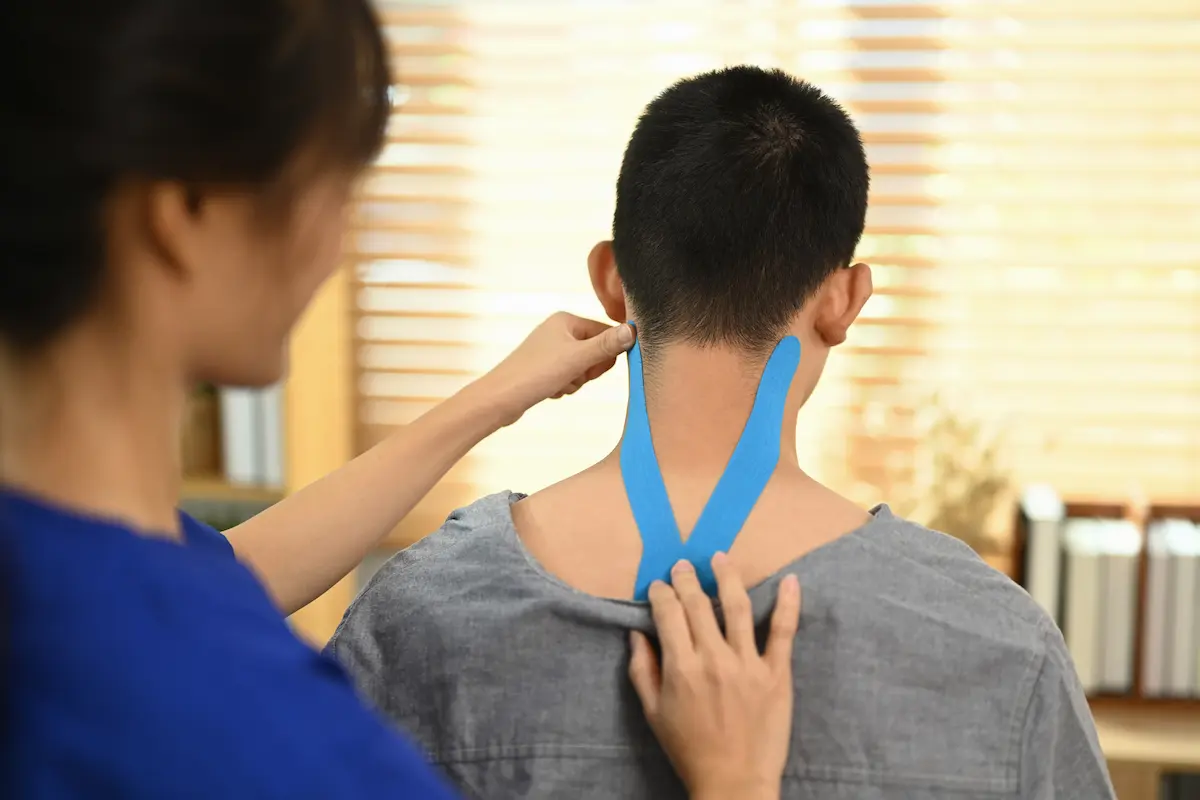 Therapist applying kinesiology tape on boy's neck